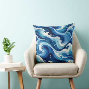 Coussin de jet abstrait Vagues de l'océan bleu Aqu