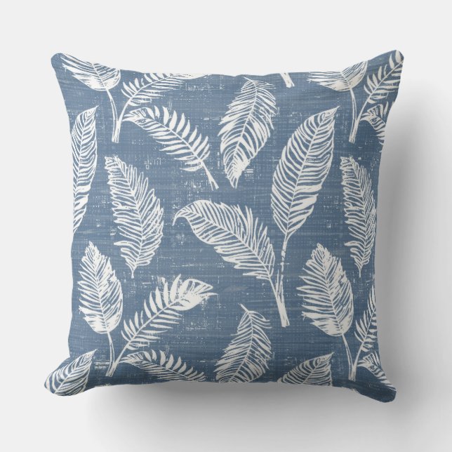 Coussin de jet aux feuilles de palmier bleues (Recto)