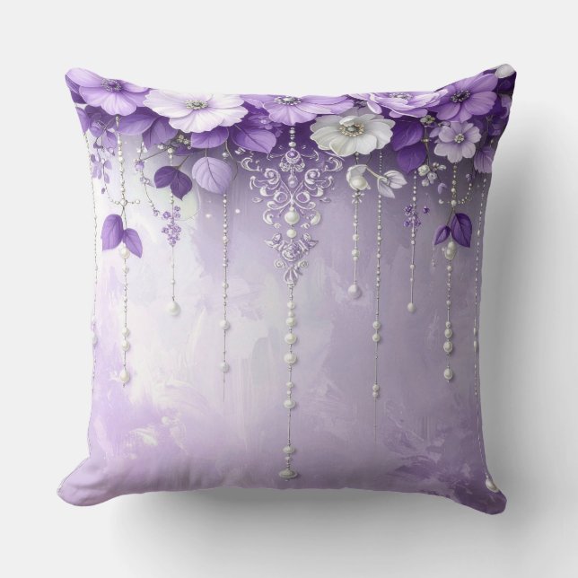 Coussin de jet avec fleurs violettes et perles pen (Recto)