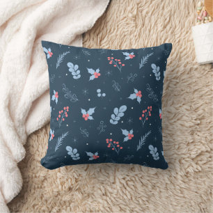 Coussin de jet Bleu Nuit Baies d'Hiver et Flocons