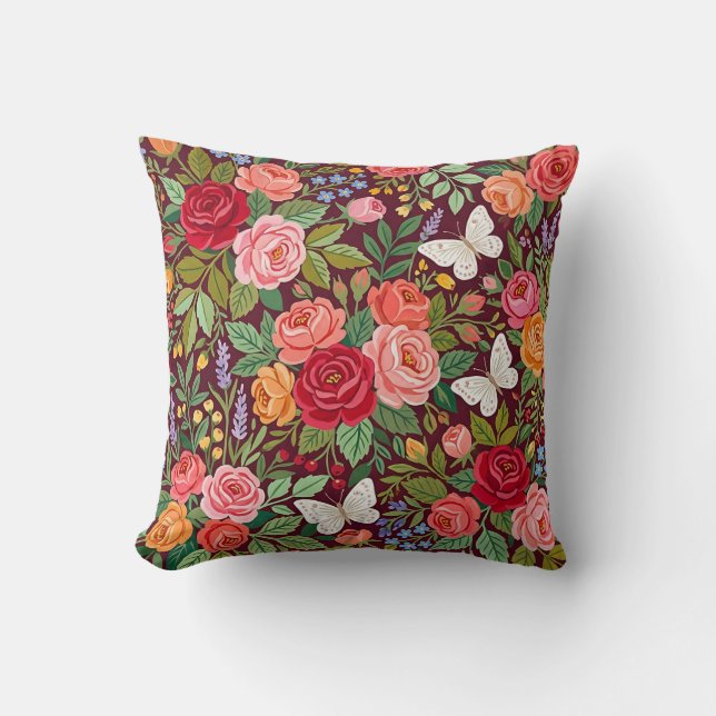 Coussin de jet botanique à motif de rose (Recto)