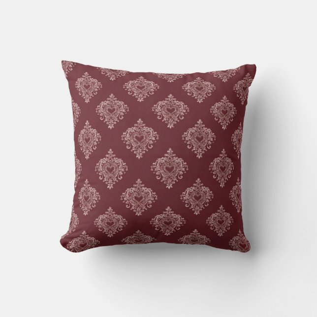 Coussin de jet Burgundy Heart Damask (Recto)
