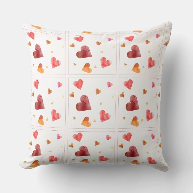 Coussin de jet coloré à coeurs aquarelle (Recto)
