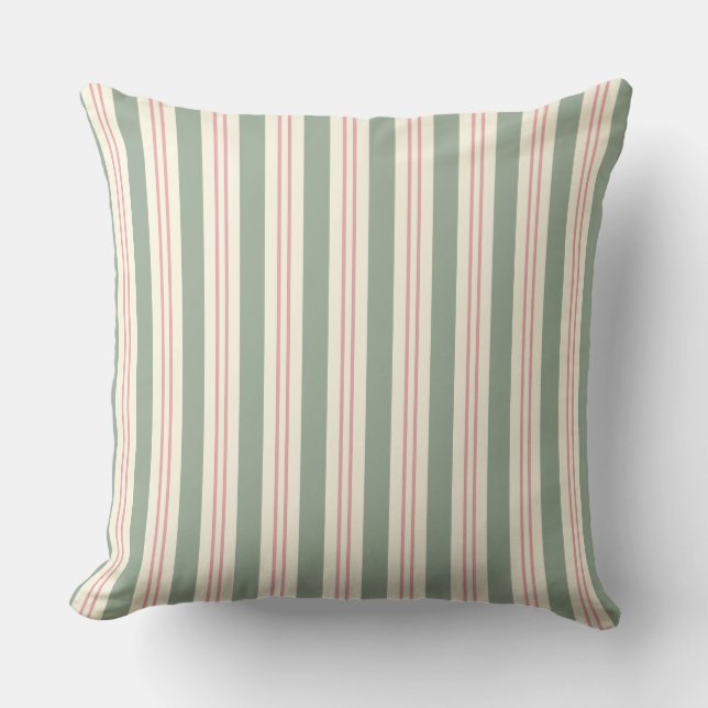 Coussin de jet côtier rayé vert sauge et rose (Recto)