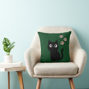 Coussin de jet Cute Black Cat Déco Kawaii Vert F