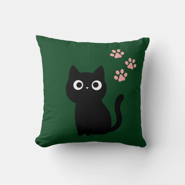 Coussin de jet Cute Black Cat | Déco Kawaii Vert F (Recto)