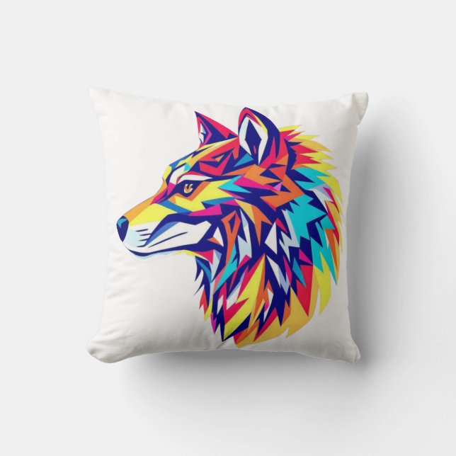 Coussin de jet de loup géométrique coloré (Recto)