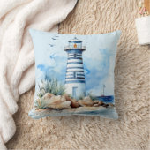 Coussin de jet de phare nautique à aquarelle bleue (Couverture)