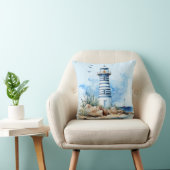 Coussin de jet de phare nautique à aquarelle bleue (Chaise)