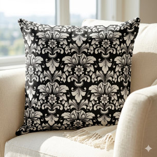 Coussin de jet élégant en Damas noir et blanc