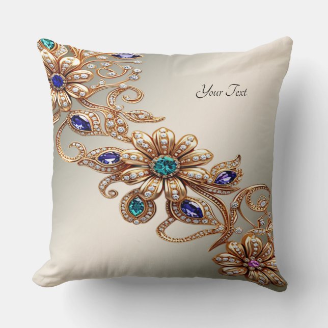Coussin de jet élégant fleurs bijoux or (Recto)
