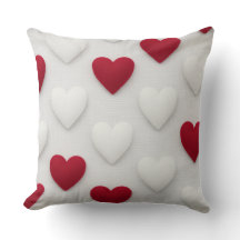 Coussin de jet en coton à cœurs rouges et blancs e
