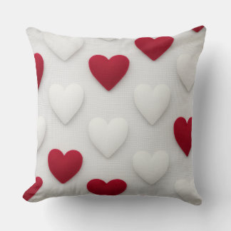 Coussin de jet en coton à cœurs rouges et blancs e