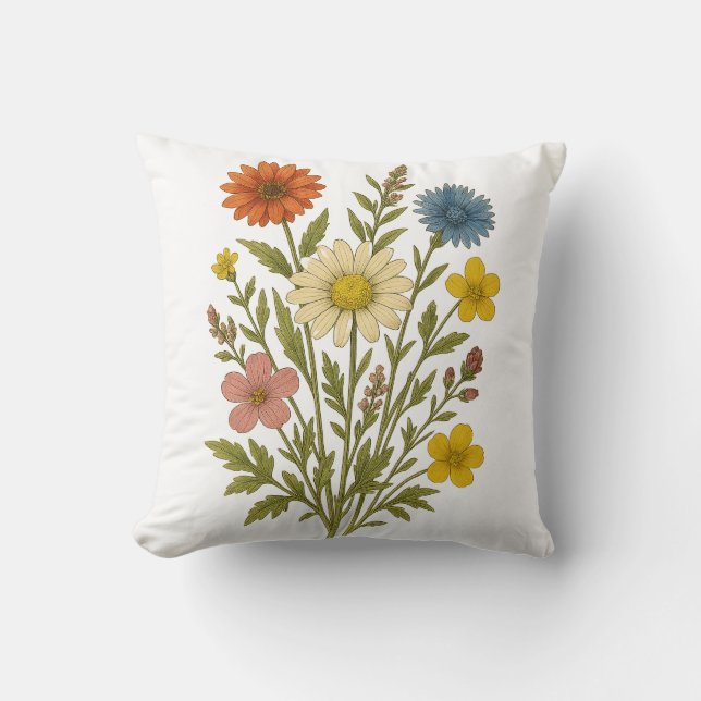 Coussin de jet en coton à fleurs sauvages vintage (Recto)