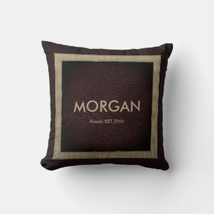 Coussin de jet en faux cuir marron foncé à monogra