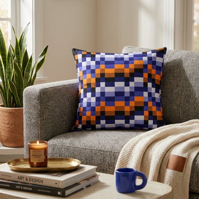 Coussin de jet en pixel art – Bleus, orange et ter (Créateur téléchargé)