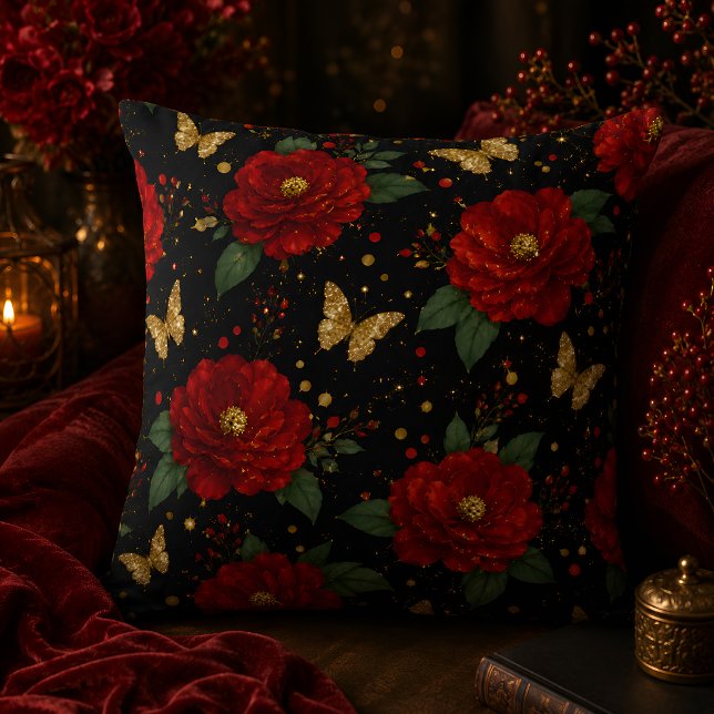 Coussin de jet floral Glam Roses rouges Papillon d (Créateur téléchargé)
