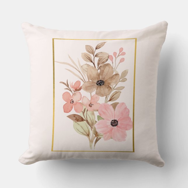Coussin de jet floral rose et marron avec cadre do (Recto)