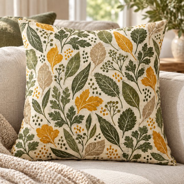 Coussin de jet Garden Linen Rhythm (Styled preview of the 16 x 16 inch cotton throw pillow. The botanical design is printed on both sides. Decorative props are not included.)