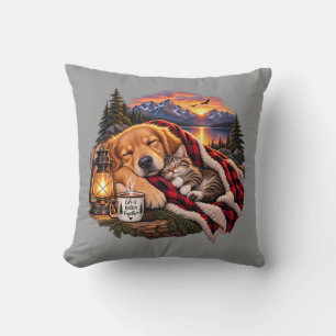 Coussin de jet Golden Retriever et chaton endormis