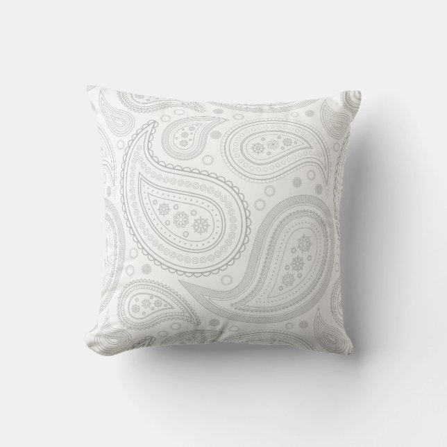 Coussin de jet gris Paisley sur fond blanc (Recto)