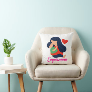 Coussin de jet illustré de maman et d'enfant migno
