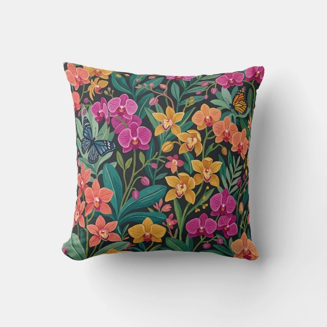 Coussin de jet orchidée avec papillons (Recto)