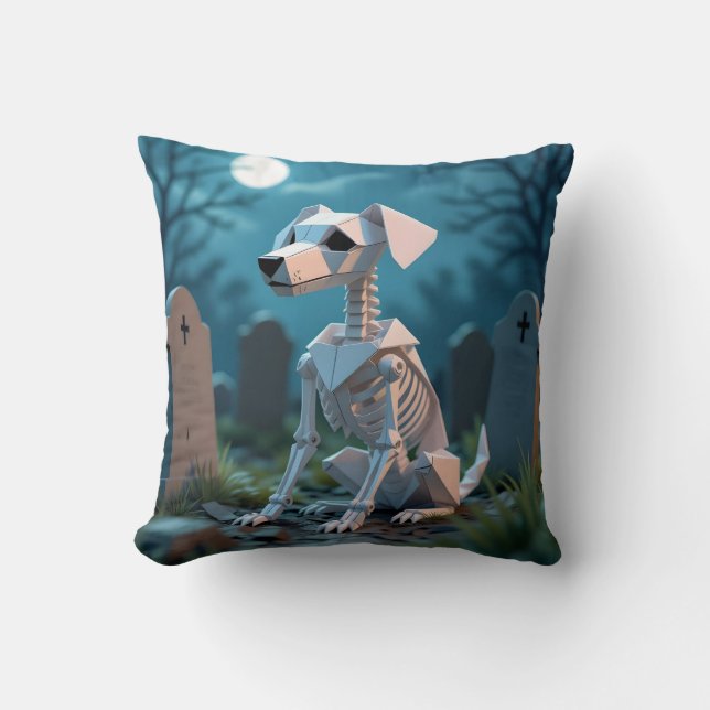Coussin de jet origami squelette de chien effrayan (Recto)