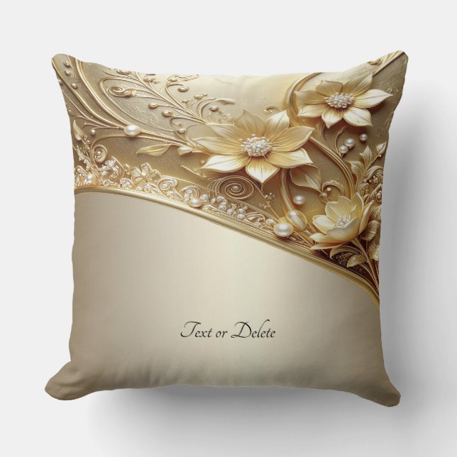 Coussin de jet orné moderne doré floral (Recto)