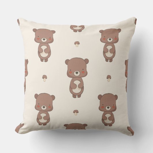 Coussin de jet pour nurserie Ourson et Champignons (Recto)