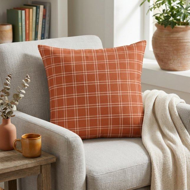 Coussin de jet rustique cosy carreau de citrouille (Autumn Pumpkin Plaid Cozy Rustic Throw Pillow)