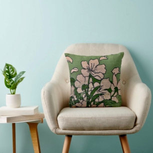 Coussin de jet vert à fleurs roses
