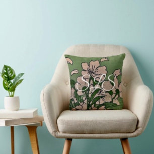 Coussin de jet vert à fleurs roses