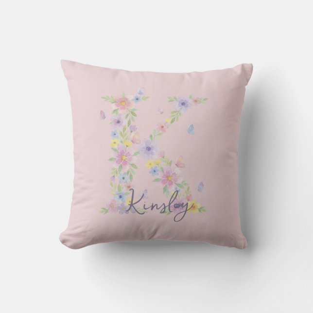 Coussin de jet vintage floral papillon monogramme (Recto)