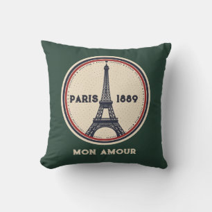 Coussin de jet vintage Paris Tour Eiffel 1889 timb