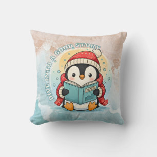 Coussin de jeté de livre de lecture de manchot éru