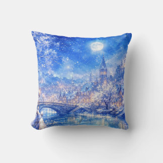 Coussin de jeté de village d'hiver au clair de lun