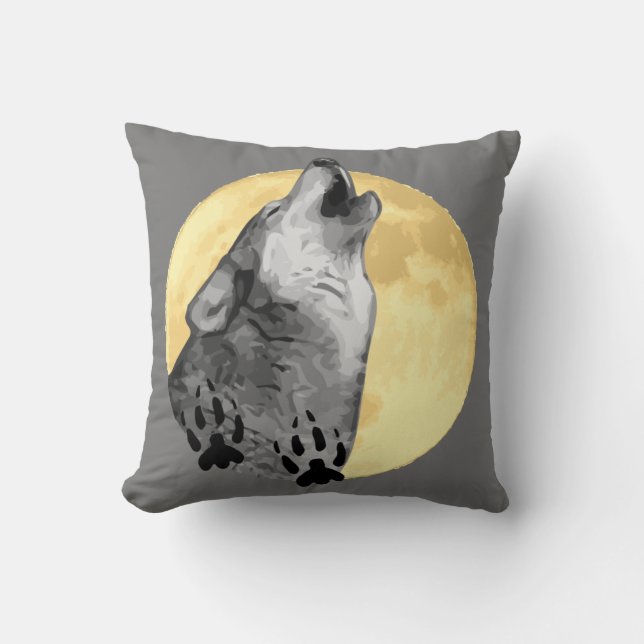 Coussin de la faune, loup, hurlant sur la lune (Recto)