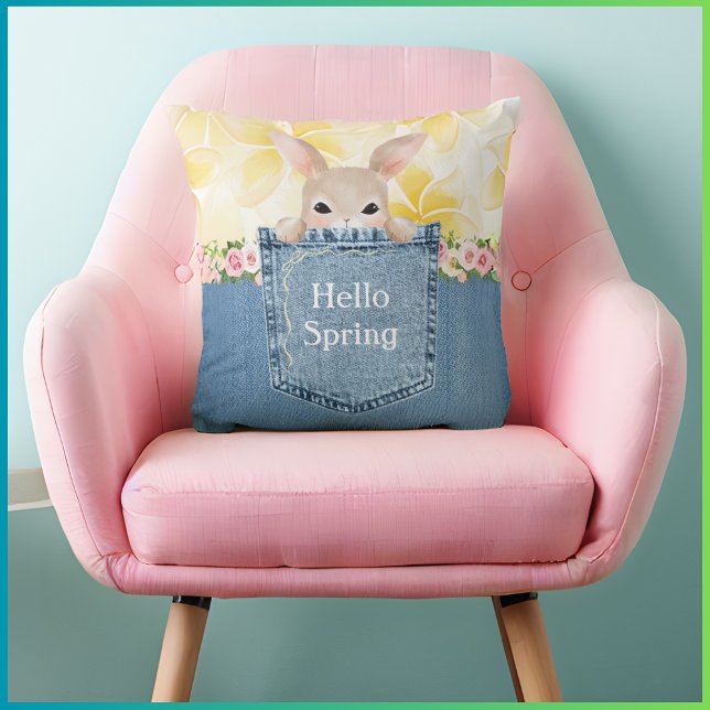 Coussin de lancer mignon lapin en denim 'Bonjour P (Peek-a-Boo Bunny Hello Spring Pillow)