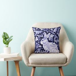 Coussin de lapin bleu et blanc, design "Dedham Blu