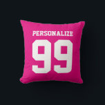 Coussin de maillot de sport rose néon personnalisé<br><div class="desc">Jeu de maillot de sport rose néon personnalisé numéro jetez oreiller. Couleur arrière - plan personnalisable. Décor maison mignonne pour les hommes, les femmes et les enfants. Créez votre propre équipe avec le nom ou la citation de l'école pour baseball, basket, volley, hockey sur glace, softball, soccer, football joueur etc....</div>