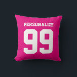 Coussin de maillot de sport rose néon personnalisé<br><div class="desc">Jeu de maillot de sport rose néon personnalisé numéro jetez oreiller. Couleur arrière - plan personnalisable. Décor maison mignonne pour les hommes, les femmes et les enfants. Créez votre propre équipe avec le nom ou la citation de l'école pour baseball, basket, volley, hockey sur glace, softball, soccer, football joueur etc....</div>