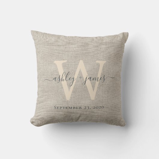 Coussin de mariage Beige Lin Gris Ivoire Monogramm (Recto)