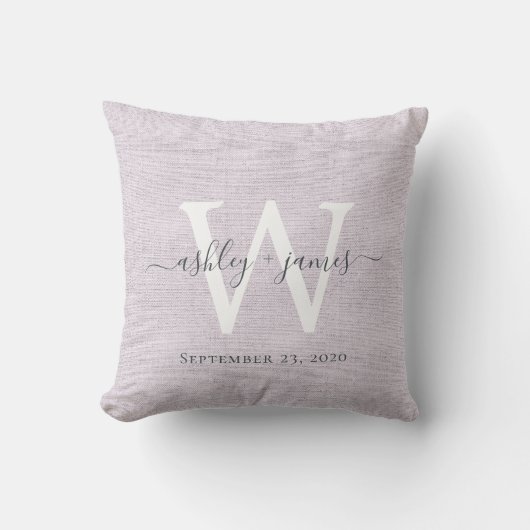Coussin de mariage blanc en lin violet avec monogr (Recto)