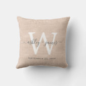 Coussin de mariage en lin blanc monogrammé rose (Verso)