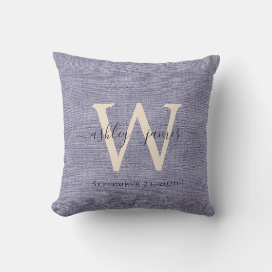 Coussin de mariage en lin bleu avec monogramme ivo (Recto)