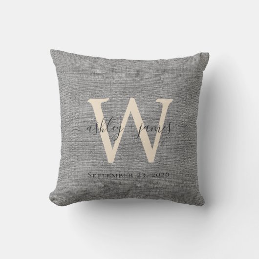 Coussin de mariage en lin gris avec monogramme en (Recto)