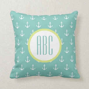 Coussin de monogramme Ancre verte de chaux et de m