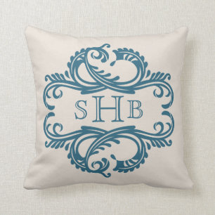 Coussin de monogramme Blue Chic Damask