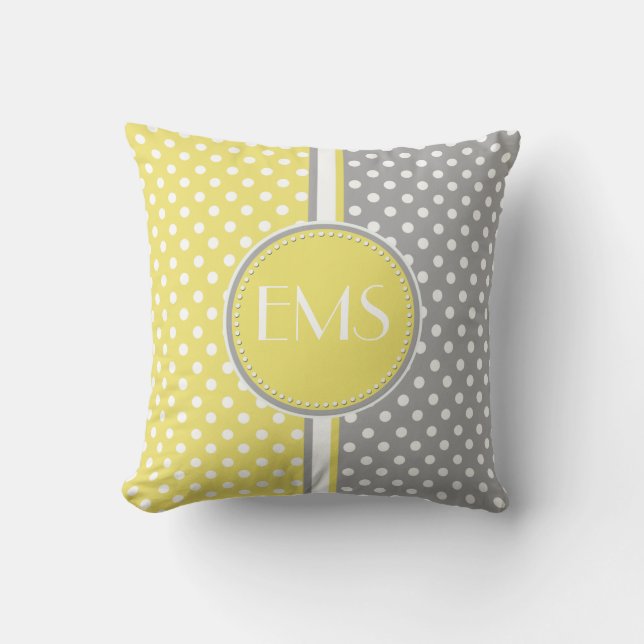 Coussin de monogramme de Polka Jaune et Gris (Recto)